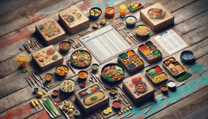 Diverse meal kits on a rustic table, showcasing Italian, Asian, and vegan options with price tags.