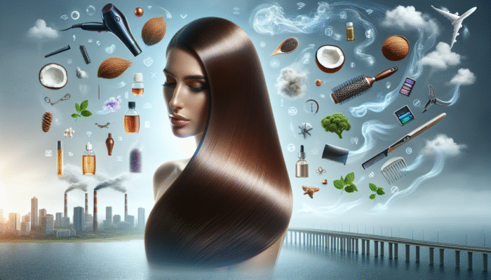 Woman showcasing repaired, shiny hair after using coconut and argan oil, protecting against environmental stressors and styling tools.
