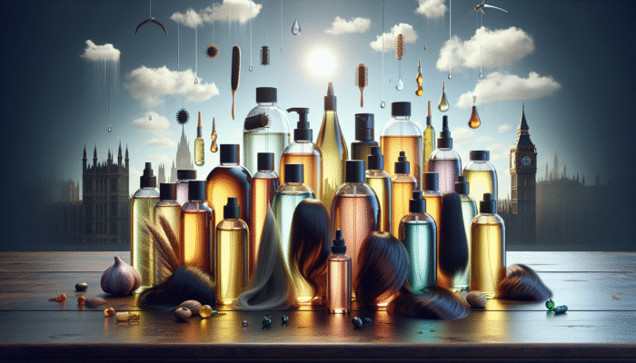 Variety of hair oils on display, each labelled with benefits and suitable hair types, set against a backdrop of UK weather.