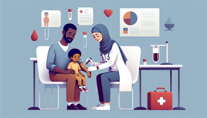 Child Blood Test Preparation: A young child receiving a blood test in a paediatric clinic, supported by a parent and assisted by a friendly nurse.