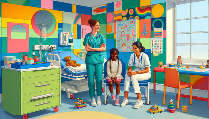A child-friendly NHS blood testing room featuring colourful decor, toys, and supportive staff.