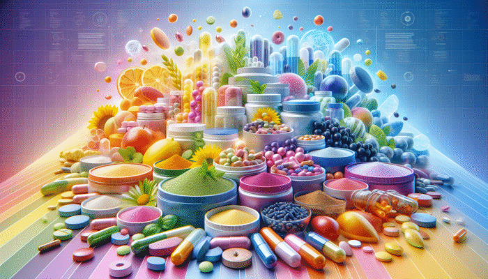 A vibrant selection of dietary supplements in capsules, tablets, and powders against a lively background.