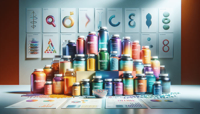 A collection of specialty supplement bottles with probiotics, omega-3, and protein powders on a health-focused backdrop.