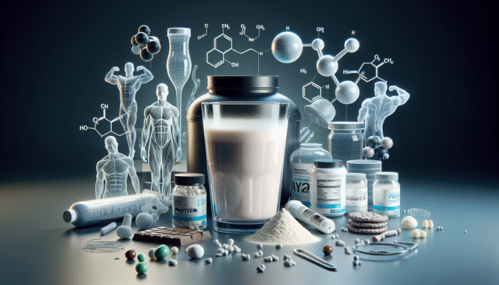Understanding the Basics of Whey Protein: Clear glass of creamy whey protein liquid with amino acids, muscle fibres, and protein products.