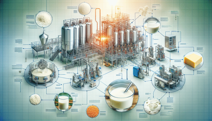 A visual guide showcasing whey protein production from milk to supplement, with a focus on extraction and processing in a modern facility.