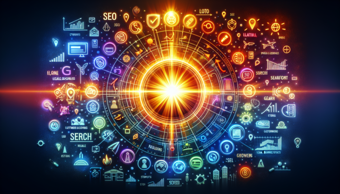 A Google Business Post interface displaying increasing SEO metrics, surrounded by icons representing search engines and local businesses.