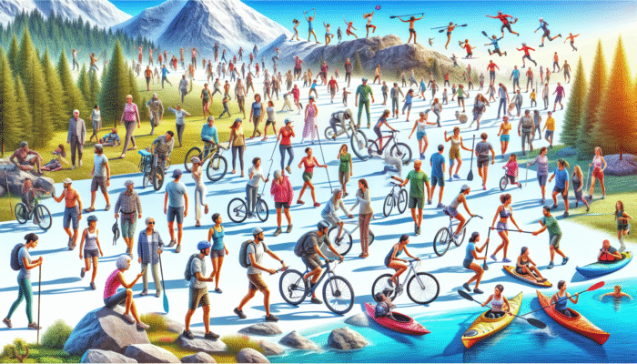 A vibrant collage depicting hiking, cycling, kayaking, and rock climbing in picturesque landscapes under a clear blue sky.