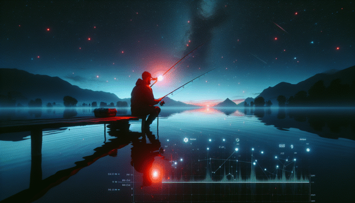 A person utilising a water-resistant headlamp with red light mode to fish at night on a serene, starry lake.