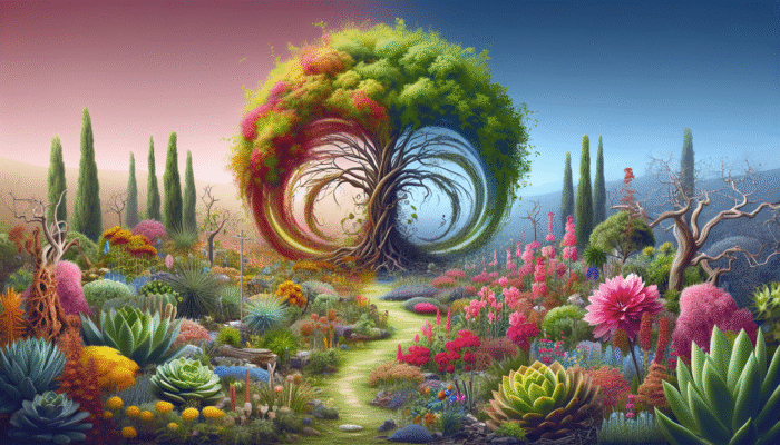 A vibrant garden showcasing resilient plants like succulents and perennials thriving after a disaster.