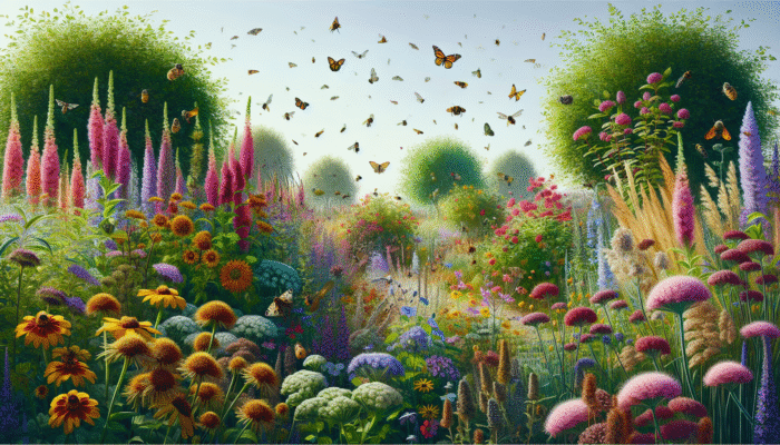A vibrant garden filled with native wildflowers and shrubs, attracting pollinators and providing shelter for wildlife.