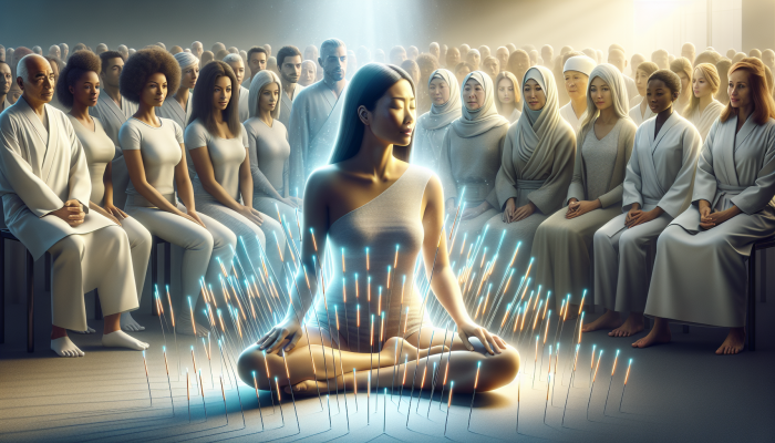 Calm Asian woman receiving acupuncture, surrounded by glowing needles, while a diverse audience observes.