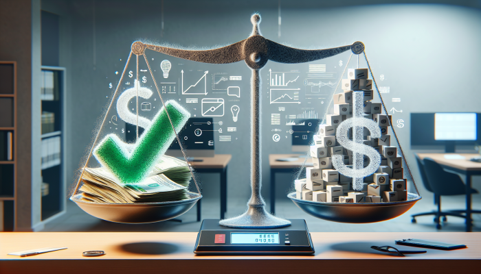 Debt Consolidation Loan Income Requirements: A Comprehensive Guide | DCL A balance scale weighing bills against a paycheck, with a green checkmark indicating lower debt, in a financial office environment.