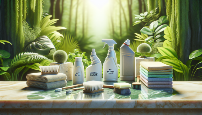 A selection of essential travertine cleaning products displayed on a sparkling surface with a lush greenery background.