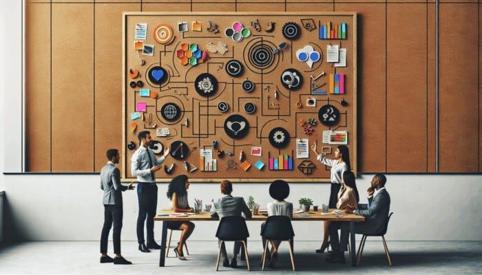 A creative workspace featuring a planning board and team members strategising video content.