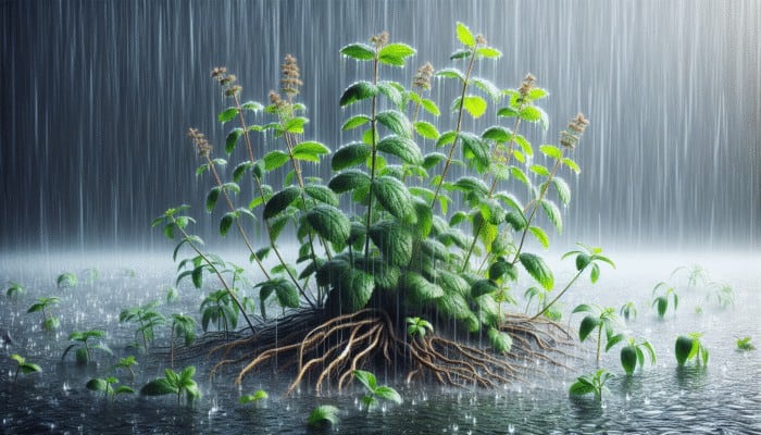 Overwatered herbs exhibiting yellow leaves and wilting stems in waterlogged soil, indicating root rot.