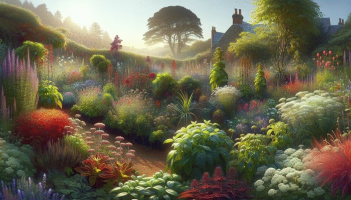 A UK herb garden displaying herbs thriving or wilting under various sunlight levels.