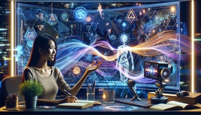AI chatbot on screen generates scripts for a travel vlogger in a futuristic studio with maps and equipment.