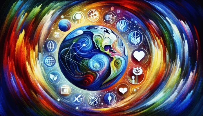 A vibrant digital art piece depicting a globe and diverse trending topics interconnected by universal strategies, presented in a modern, abstract style.