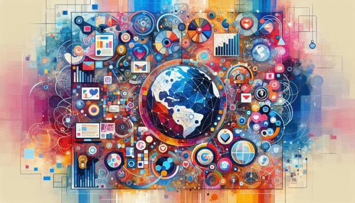 A vibrant collage featuring social media icons, graphs, and global symbols on a colourful background, illustrating universal strategies for trending topics.
