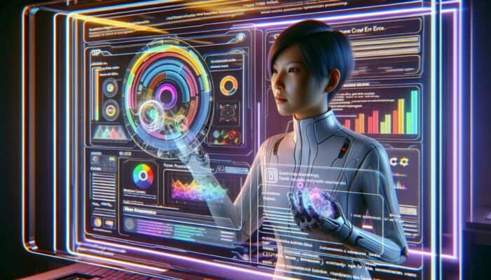A webmaster oversees Google Search Console data on a futuristic holographic display.