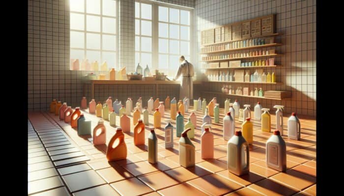 Cleaning products displayed on a table beside terracotta tiles, with a person checking labels in a bright room.