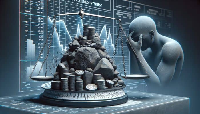 A scale depicting a £20,000 loan increasing with interest over a decade, alongside a distressed borrower.