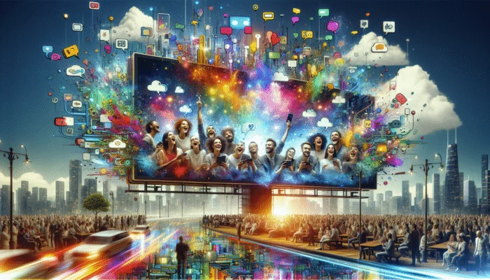 "Share Your Experience!" billboard with happy customers on devices, colourful speech bubbles, cityscape.