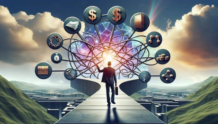 A person confidently navigating a clear path through a complex financial landscape with labelled signposts under a bright sky.