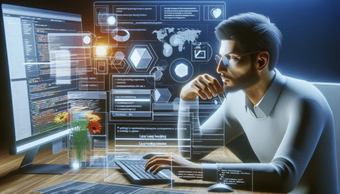 A web developer selecting tools for lazy loading to enhance website performance in a contemporary workspace.