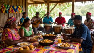 A group of people enjoy a variety of traditional Garifuna food and drinks at a table, while musicians clad in colourful attire play drums and guitars. The scene captures the lively essence of Garifuna culture in an outdoor setting adorned with vibrant tablecloths.