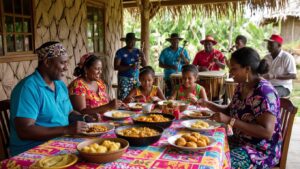 A family joyfully gathers around a vibrant table outdoors in Belize, sharing Garifuna food together. In the background, musicians play drums and other instruments beneath a thatched roof, reflecting the lively spirit of Garifuna culture. Everyone appears relaxed and happy.