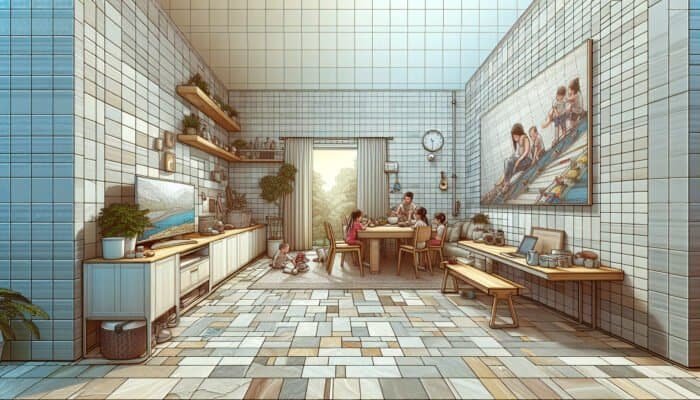 Ceramic tiles showcased in a lively family home, showcasing their durability and resistance to scratches, stains, and moisture.