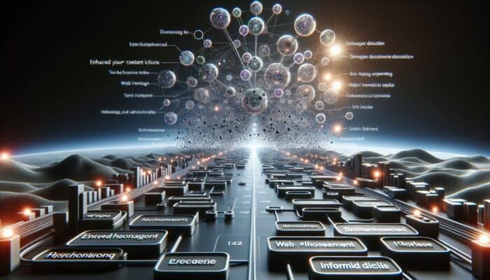 A digital landscape featuring interconnected nodes that represent a content cluster, guiding users through various web hosting options and technical insights.