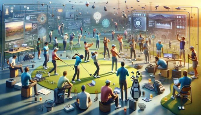 South African golfers engaged with laptops and smartphones, participating in a community forum with local expert support for swing analysis.