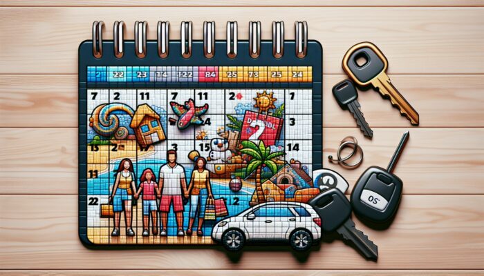 A calendar featuring holiday dates and discount symbols, surrounded by car keys, travel brochures, and a family planning their vacation.