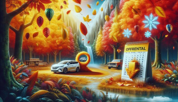 A picturesque autumn landscape featuring a car rental office, colourful falling leaves, and a calendar highlighting off-peak seasons.