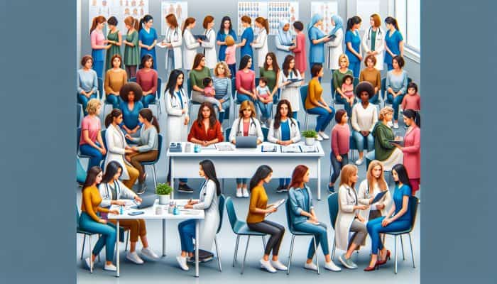 A diverse group of women receiving free NHS healthcare services, including check-ups and emergency care.