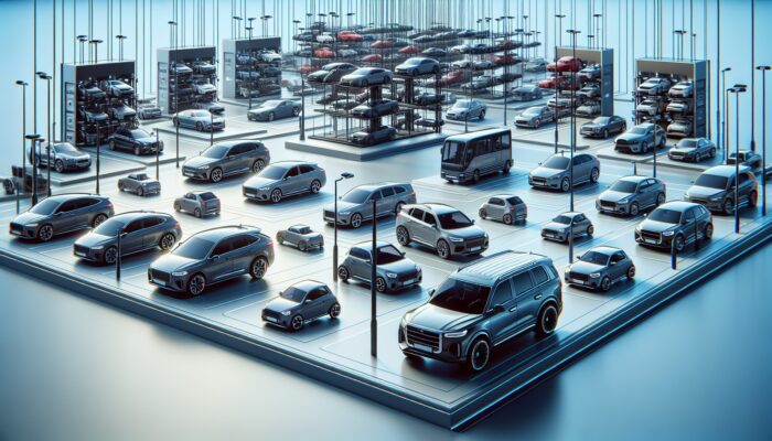 A diverse fleet of vehicles including compact cars, luxury sedans, and SUVs situated in a rental lot.