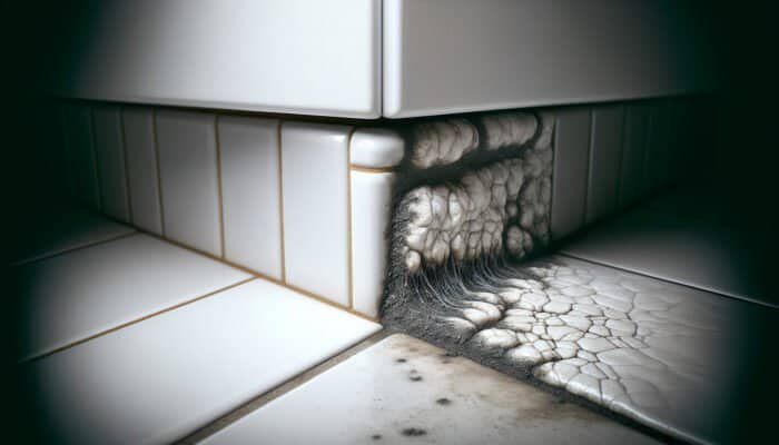 Close-up of kitchen tile grout showing clean and moldy areas, emphasising the importance of cleaning.