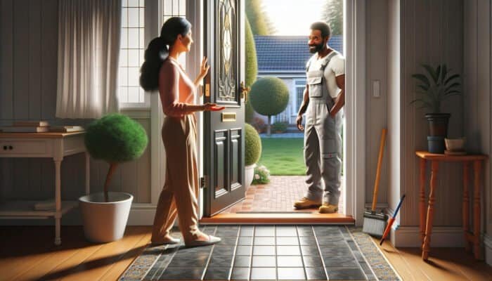 A person admiring a neighbor's clean tiles, inquiring about the grout cleaner's contact.