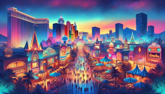 Budget-friendly Las Vegas Strip hotels such as Excalibur and Circus Circus illuminated by neon lights at dusk.