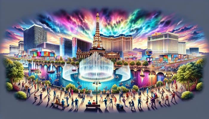 Nighttime scene of Las Vegas showcasing the Bellagio Fountains and the Viva Vision Light Show on Fremont Street.
