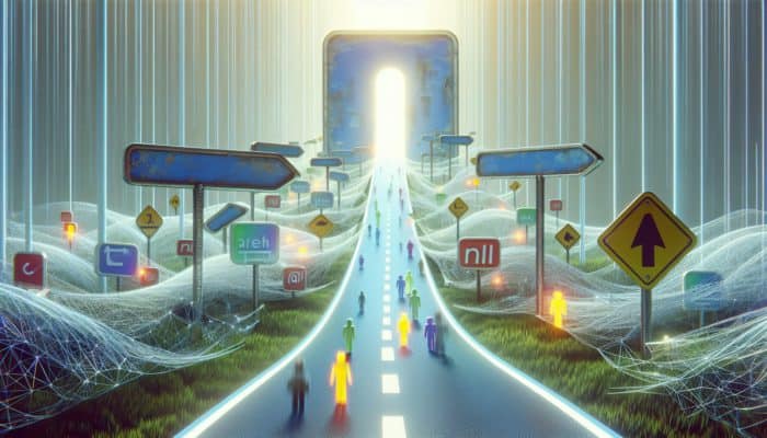 Utilising 301 Redirects for Link Equity: A digital journey from an old, faded URL to a vibrant new URL, illustrating a seamless 301 redirect, with search engine bots and users following along.