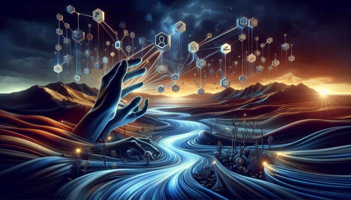 Hands reaching for glowing streams of light symbolising link equity in a digital arena.