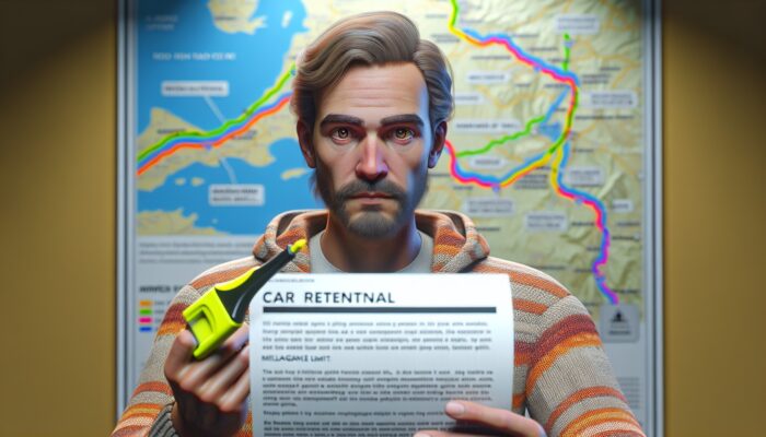 A traveller examining a car rental agreement, with a concerned expression regarding mileage limits, alongside a road trip map in the background.