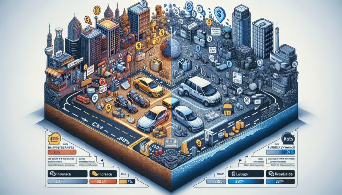 Infographic comparing base rental rates for a compact car in an urban area and a luxury vehicle in a remote area, including insurance and roadside assistance.