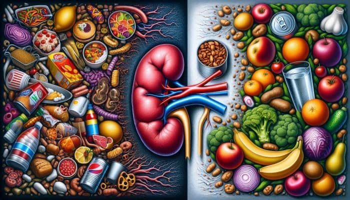 Split image of a kidney: one side affected by processed foods and sodium, the other healthy with fruits, vegetables, whole grains, and water.