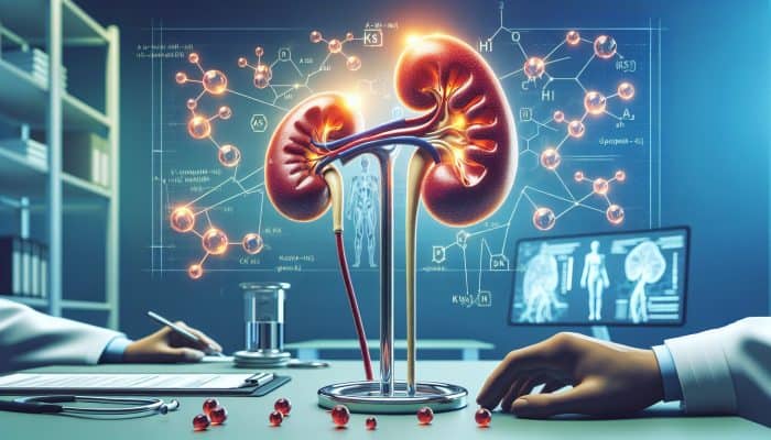Illustration depicting kidneys filtering creatinine, with Sheffield clinic backdrop, charts showing creatinine levels by age, gender, muscle mass.