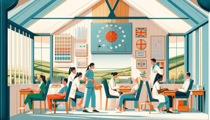 A serene UK landscape with acupuncture clinics, traditional Chinese medicine, and patients receiving treatments.