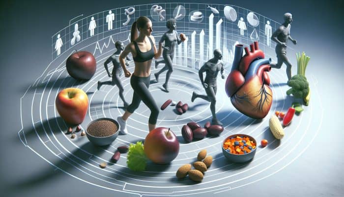 Infographic illustrating diet and exercise effects on cholesterol, highlighting fats, fiber, and physical activities.